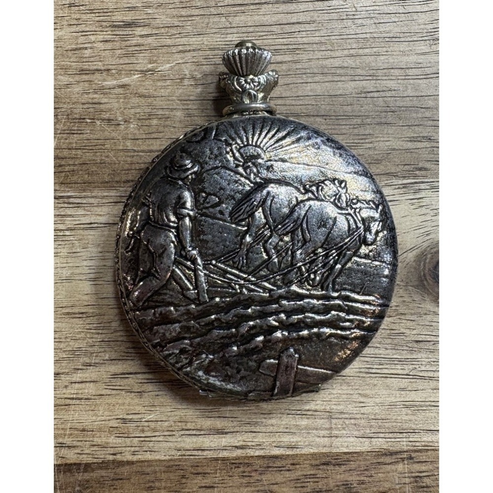 Vintage Engraved Moniex Quartz Pocket Watch No Chain Untested Horse & Plow Scene